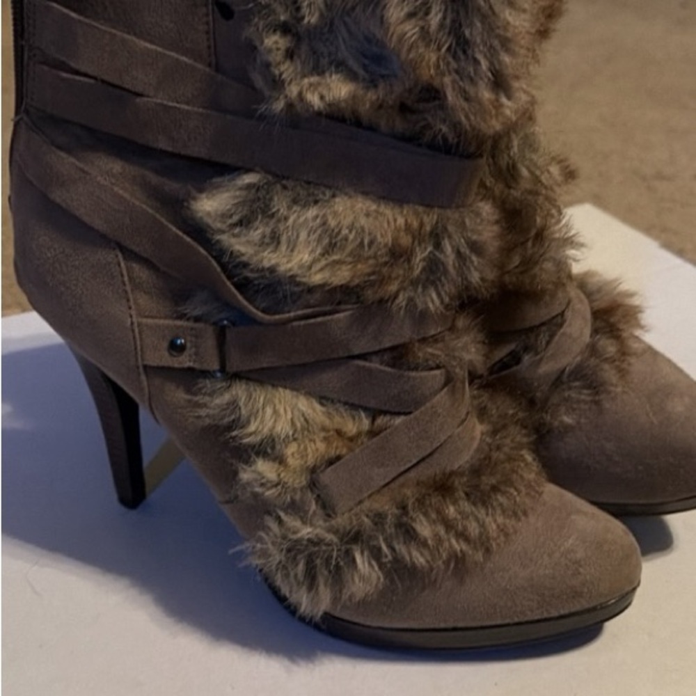 Elle brown Faux Fur Trim Taupe High-Heel Ankle Boots - Women